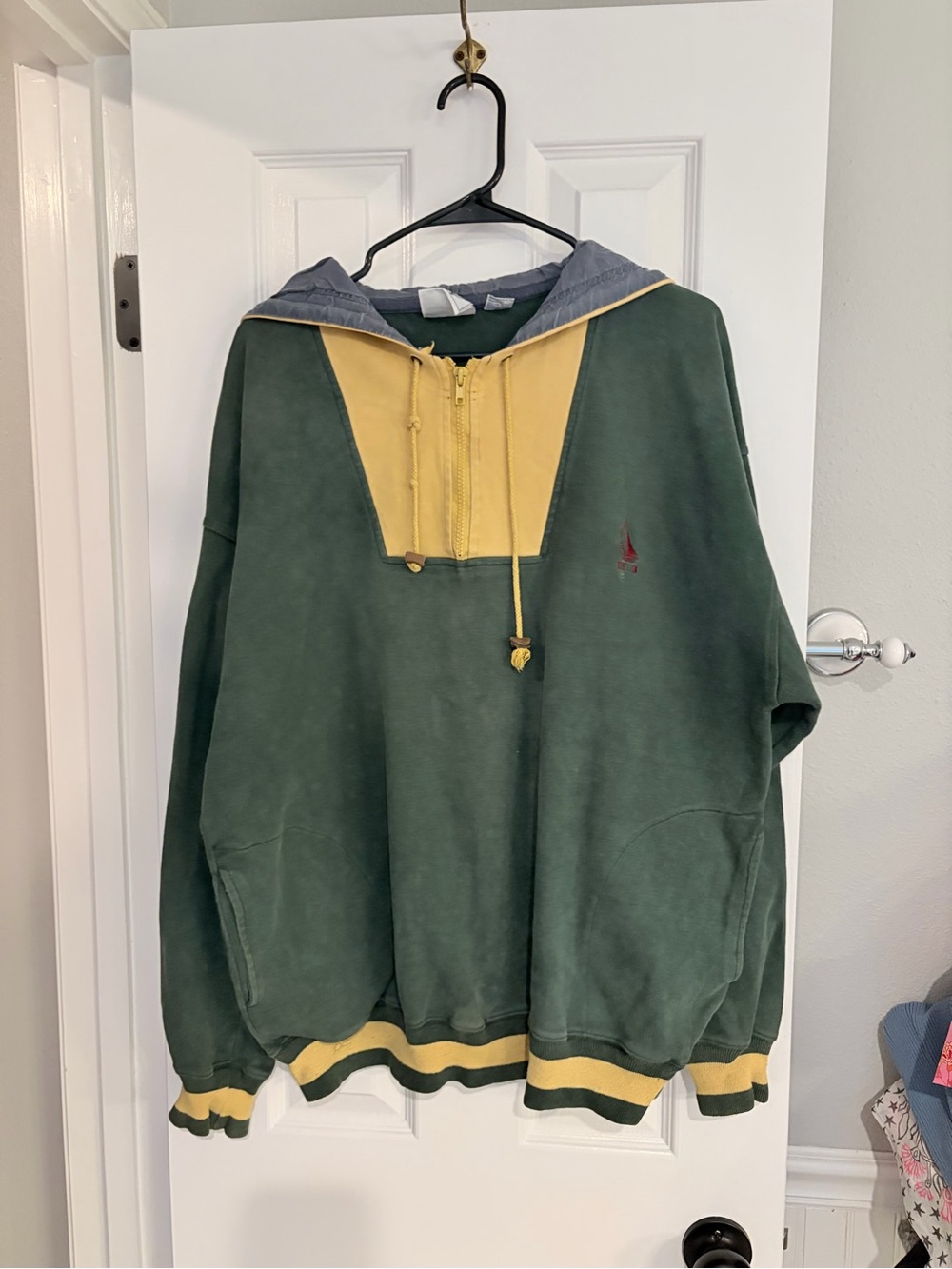 VTG Cape Isle Knitters 1/4 Zip Hoodie XL Green Yellow Nautical Sailboat